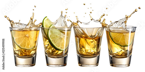 Glasses shot of tequila making toast with splash isolated on trasparent or white background, png