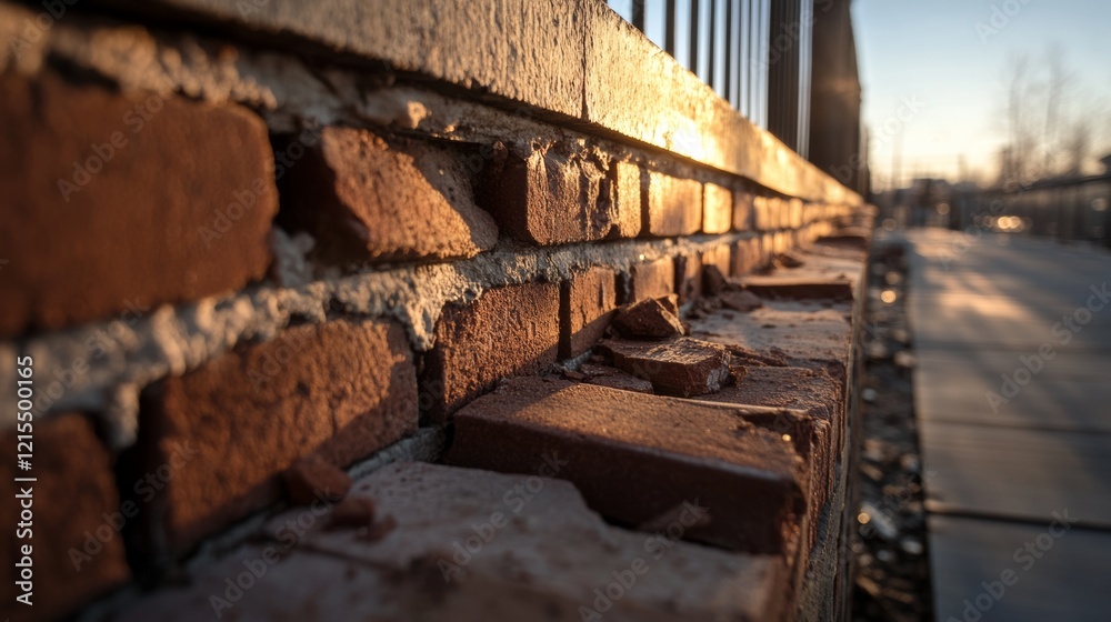 Fototapeta premium A close-up of sunlit bricks forming a weathered wall along a sidewalk at dusk, casting long shadows.