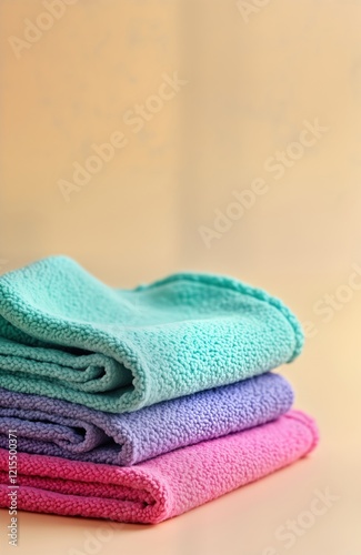 Multicolored microfiber cloths stacked on beige background. Colorful cleaning cloths ready for use. Soft, bright cloths perfect for home cleaning. Ideal for kitchen bathroom cleaning. New, fresh