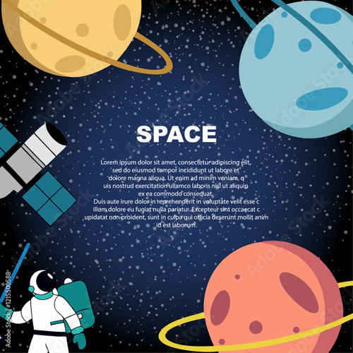 Astronaut is flying in space galaxy cosmos with planets satellite and stars. Exploring missions with no gravity 