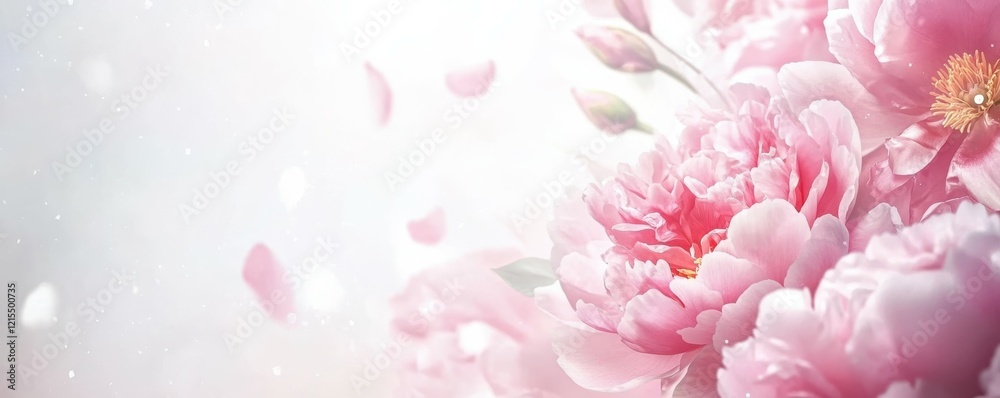 Fototapeta premium Elegant pink peonies in bloom with delicate petals and soft light