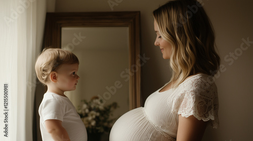 New Mother Trying on Pre-Pregnancy Jeans with Toddler Nearby photo