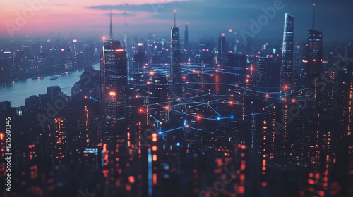 Wallpaper Mural Smart digital Innovation city with connection network reciprocity over the twilight cityscape. of future smart wireless digital city and social media networking systems that connects people with city Torontodigital.ca