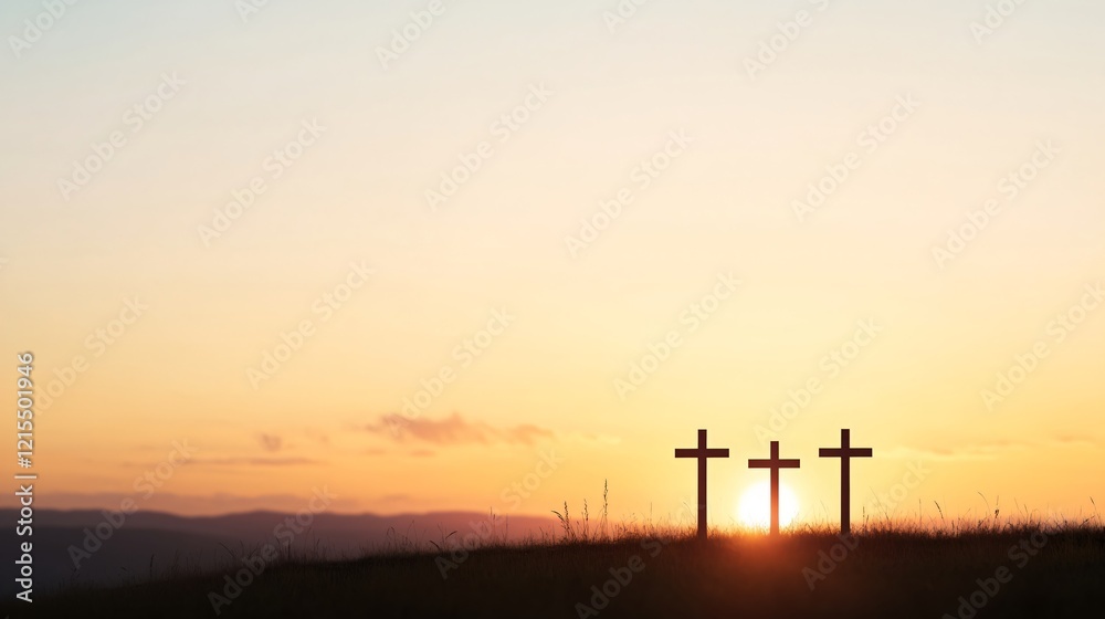 Obraz premium Three crosses on a hill against the setting sun for Good Friday, Easter, or Remembrance Day. Religious concept