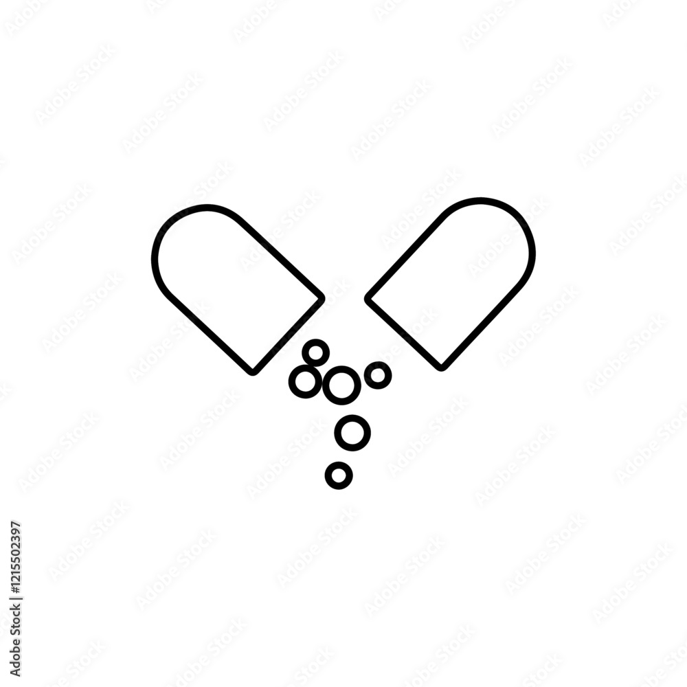 Open capsule pill icon Outline set in black and white color Open capsule pill icon Outline set in black and white color