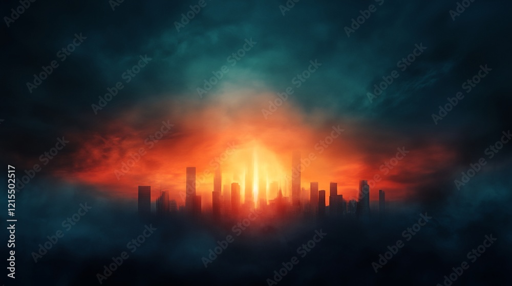 A city with a large orange sun in the sky A city with a large orange sun in the sky