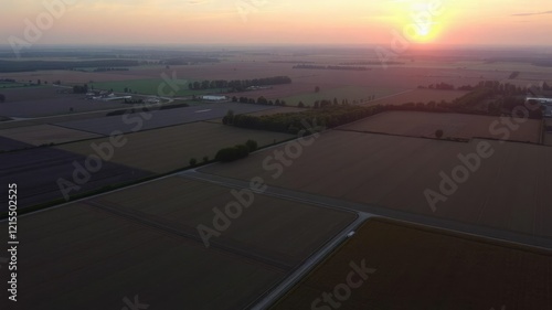 Aerial view of a farm with fields and crops near the Horicon Marsh Wildlife Area at sunrise, wildlife area, sunrise photo