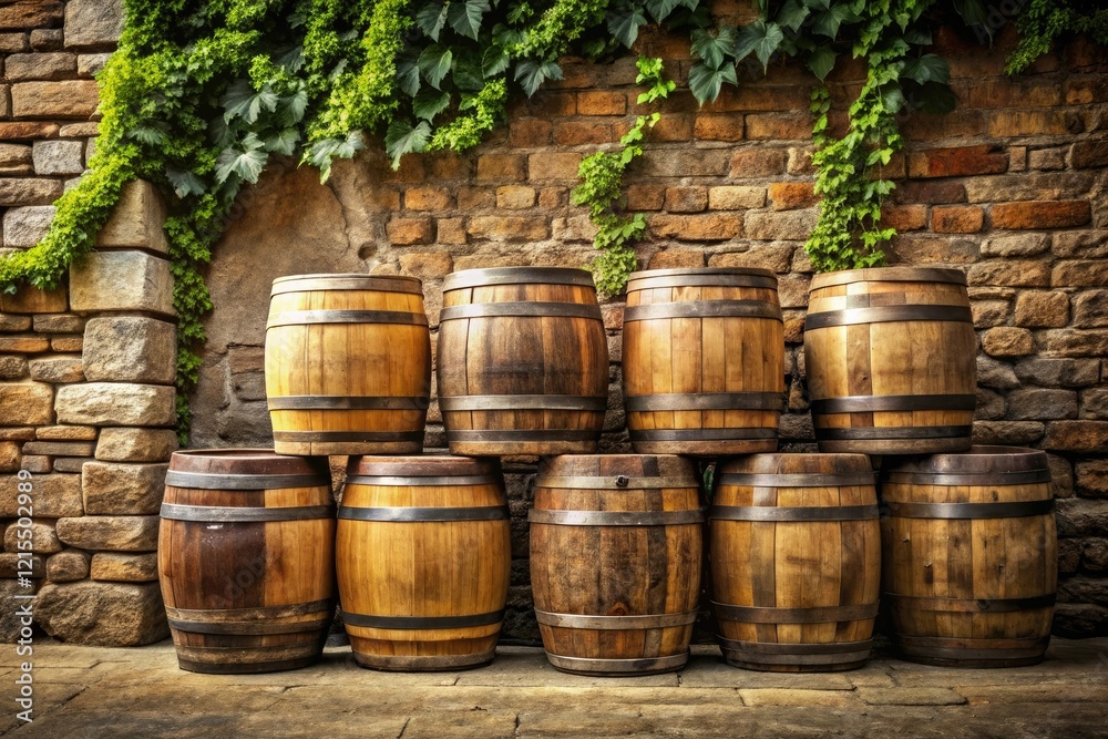 Aged wooden barrels stacked in a row against a rustic stone wall, with vines crawling up the brick facade, vine cellar, vineyard storage, barrels, wine barrels, rustic decor Aged wooden barrels stacked in a row against a rustic stone wall, with vines crawling up the brick facade, vine cellar, vineyard storage, barrels, wine barrels, rustic decor