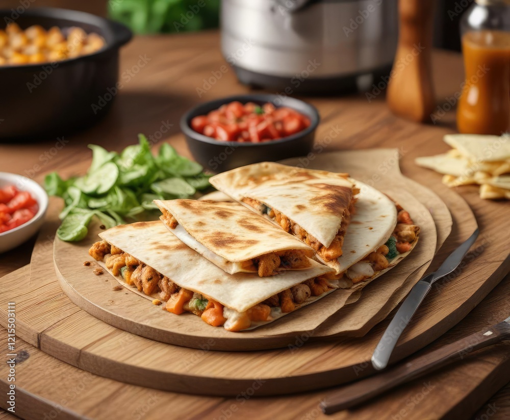 Air fryer chicken and cheese quesadilla on a wooden table with utensils , kitchen, table Air fryer chicken and cheese quesadilla on a wooden table with utensils , kitchen, table