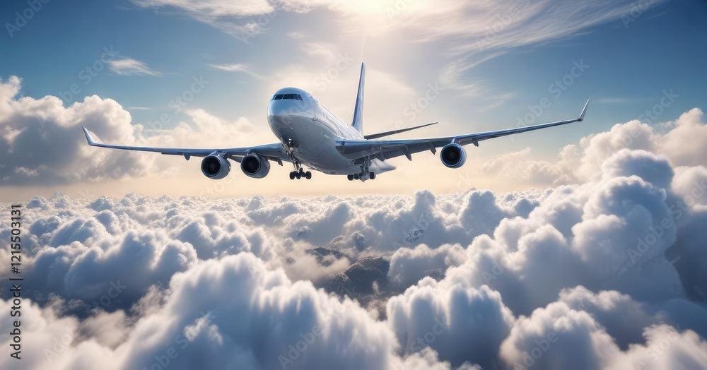 Obraz premium Airliner flying through a dense layer of white clouds, weather, fluffy, aviation