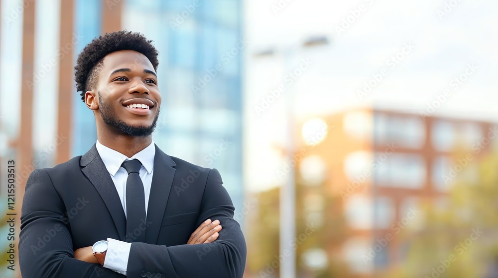 Confident young man in a suit smiling outdoors, standing with arms crossed against a backdrop of modern buildings. Confident young man in a suit smiling outdoors, standing with arms crossed against a backdrop of modern buildings.