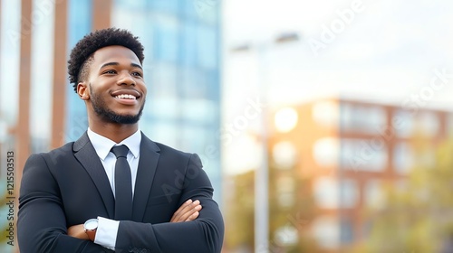 Confident young man in a suit smiling outdoors, standing with arms crossed against a backdrop of modern buildings.