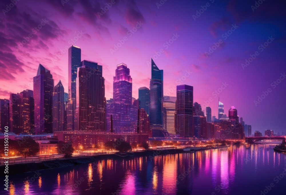 Fototapeta premium enchanting urban skyline surrounded soft glimmering magical atmosphere dusk, city, twilight, lights, illumination, buildings, architecture, horizon