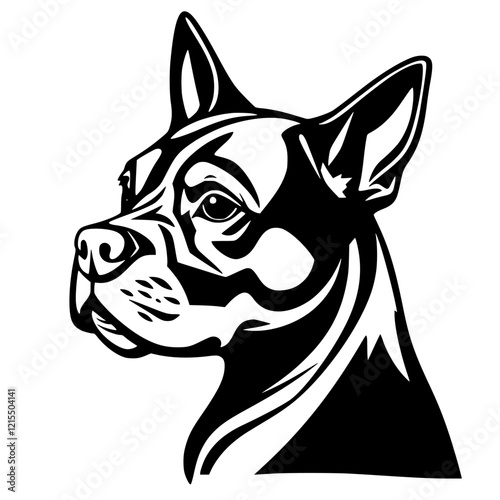 Majestic Boston Terrier Dog Head: A Black and White Vector Portrait.  Perfect for pet lovers and graphic design projects. photo