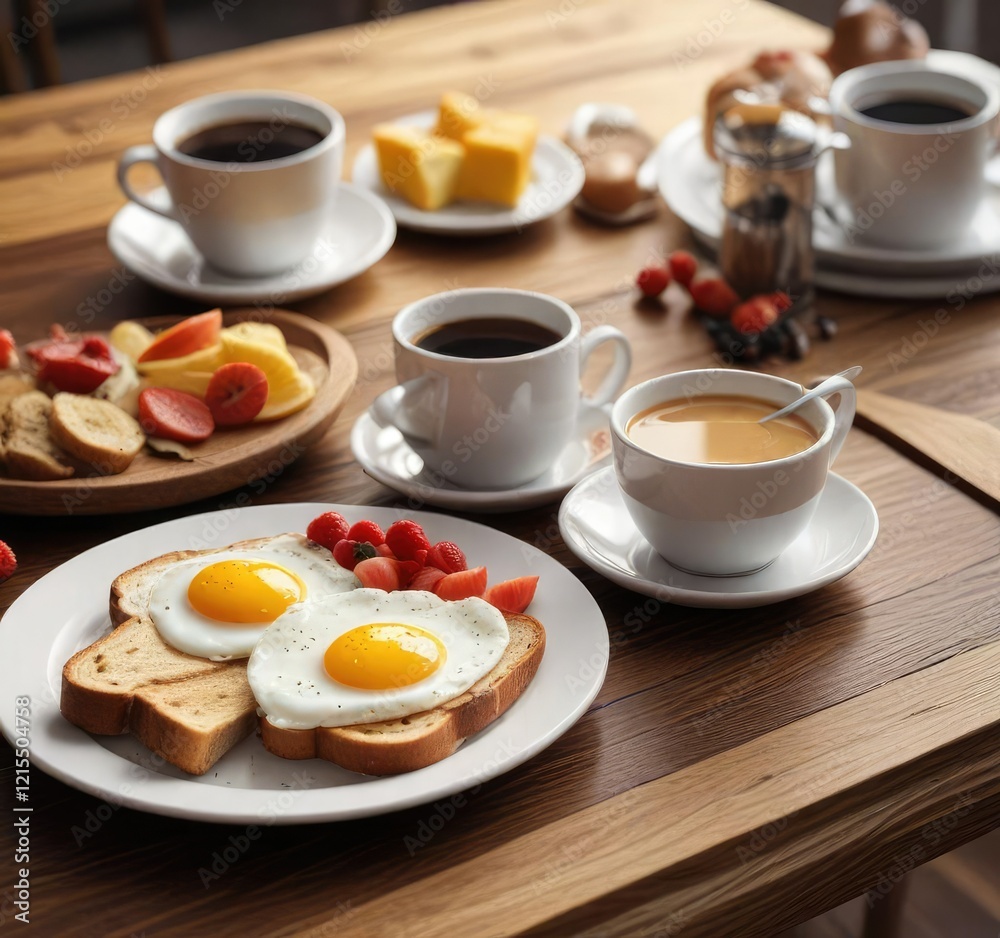 A steaming cup of coffee on a wooden table next to a plate with breakfast items like eggs, toast and fruit , toast, eggs, breakfast A steaming cup of coffee on a wooden table next to a plate with breakfast items like eggs, toast and fruit , toast, eggs, breakfast