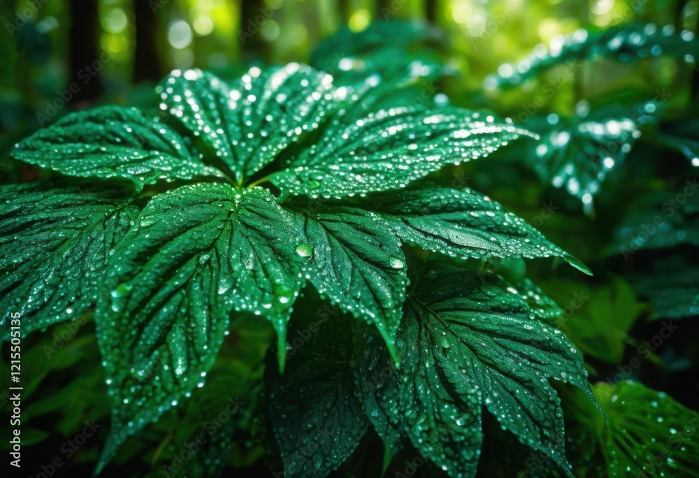 close view dew covered leaves green forest foliage glistening droplets natural light, nature, greenery, textures, sunlight, plants, vibrant, background