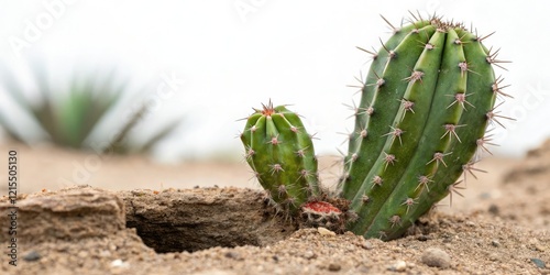 A stubby star-shaped cactus plant with a small cut on its side, showing the beginning of new growth emerging from the wound, foliage growth, desert plant, regrowth, greenery photo