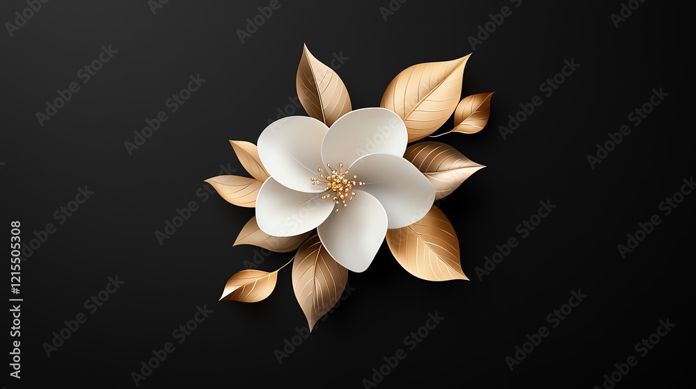 Fototapeta premium Elegant white flower with golden leaves on a sleek black background, perfect for invitations or decorative designs.