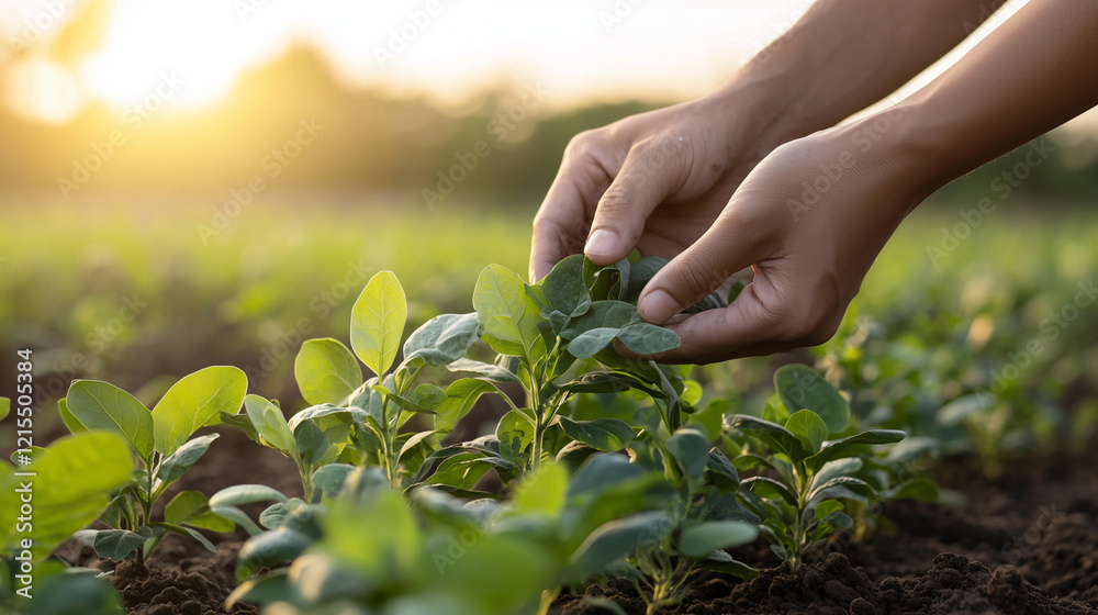 Fototapeta premium Farmer Harvesting Ayurvedic Plants in Lush Green Field