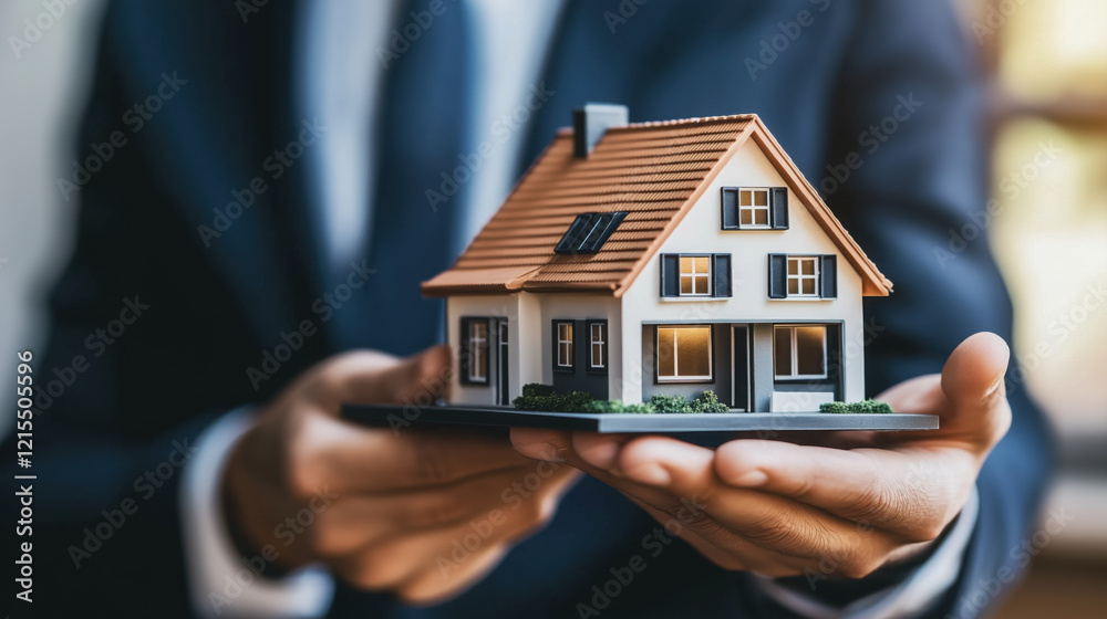 Real Estate Agent in Business Attire Holding a Miniature House Model Beside a Digital Display Highlighting Residential Property Trends and Investment Opportunities Real Estate Agent in Business Attire Holding a Miniature House Model Beside a Digital Display Highlighting Residential Property Trends and Investment Opportunities