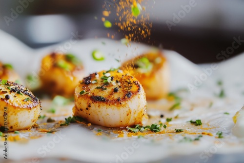 dynamic and energetic presentation of fusion-style scallops seasoned with a mix of global spices like turmeric, paprika, and cumin photo