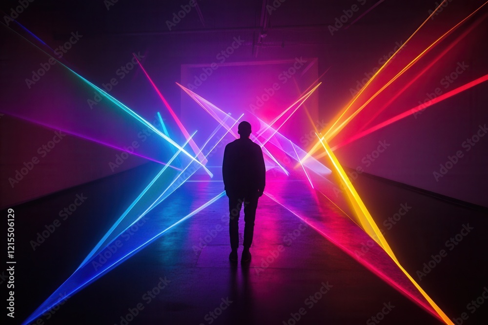 Light artist standing in dark room with colorful laser beams installation Light artist standing in dark room with colorful laser beams installation