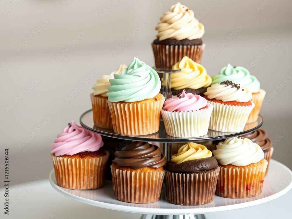 A tiered serving dish filled with cupcakes in different colors and flavors, serving dish, tier, colorful A tiered serving dish filled with cupcakes in different colors and flavors, serving dish, tier, colorful