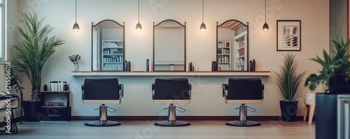 Modern hair salon interior with chairs, mirrors, and stylish decor