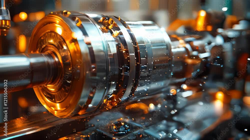 Close-up of lathe machine in action, emitting sparks during precision machining in a modern industrial setting Close-up of lathe machine in action, emitting sparks during precision machining in a modern industrial setting