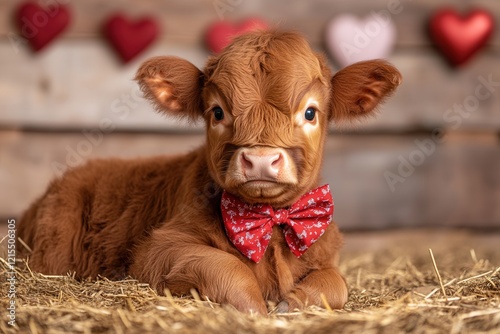 Valentine's day theme: Adorable baby Highland cow with a bowtie surrounded by heart decorations.