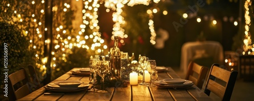 Enchanting outdoor holiday dinner with festive lights and decorated table photo