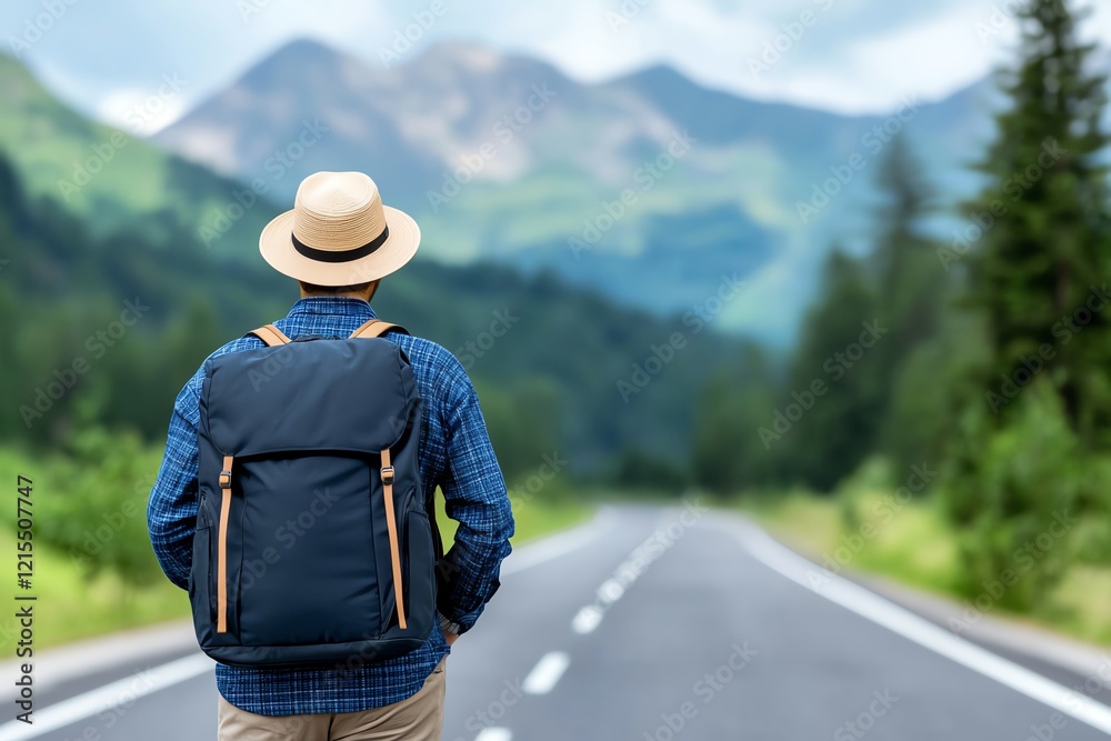 Obraz premium A traveler wearing a straw hat stands on a road, gazing at majestic mountains in the distance. A scenic view, perfect for adventure and exploration themes.