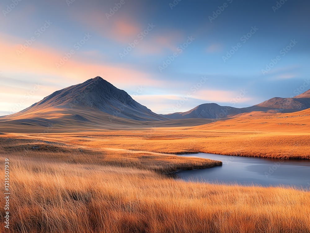 A breathtaking view of a mountain surrounded by vast, golden grasslands under a colorful sky at sunset, with a serene pond reflecting the beautiful landscape. A breathtaking view of a mountain surrounded by vast, golden grasslands under a colorful sky at sunset, with a serene pond reflecting the beautiful landscape.