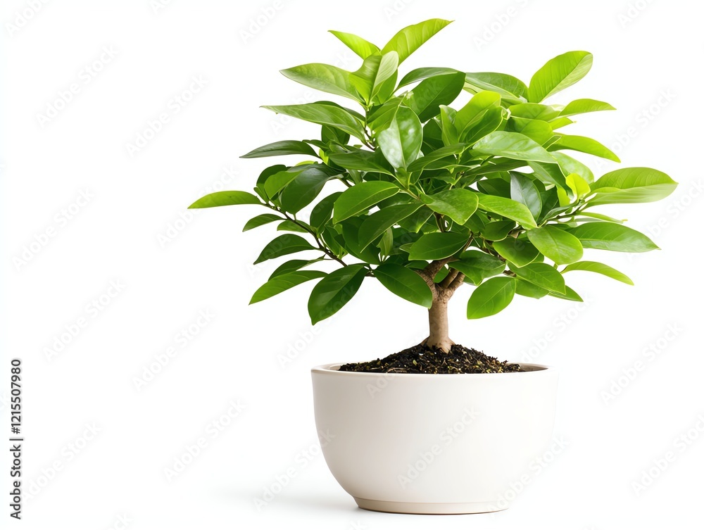 Fototapeta premium A vibrant green potted plant with glossy leaves, displaying its lush foliage. Ideal for home decor, gardening themes, or nature-inspired projects against a white background.