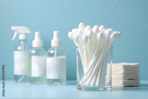 Sterile cotton swabs and sanitizer bottles on light blue background photo