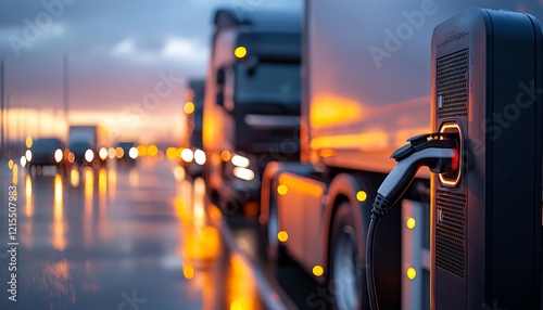 Electric truck charging station with illuminated trucks in the background during sunset, showcasing the transition to sustainable transportation.