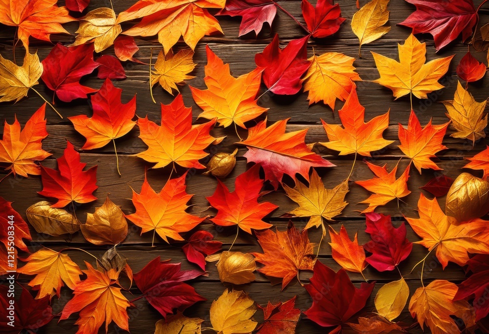 vibrant autumn leaves spread across rustic wooden surface stunning colors creating cozy seasonal atmosphere, fall, foliage, orange, red, gold, nature vibrant autumn leaves spread across rustic wooden surface stunning colors creating cozy seasonal atmosphere, fall, foliage, orange, red, gold, nature