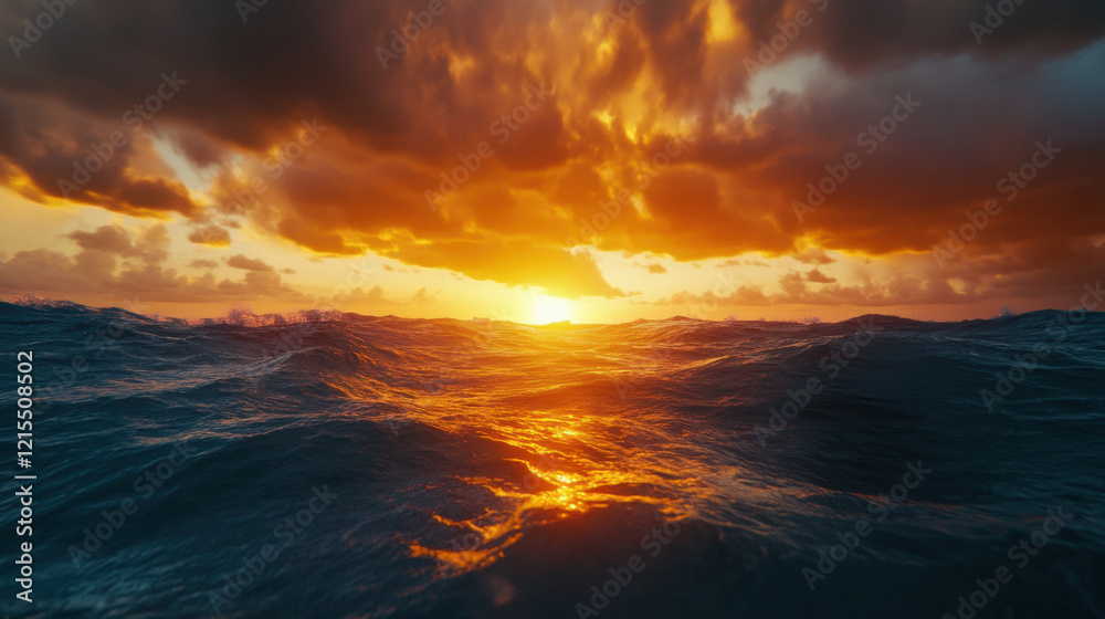 Obraz premium A serene ocean scene transitioning into chaos as a sudden burst of fiery sunset pierces the horizon, reflecting off turbulent waves. The sky explodes with shades of orange, gold