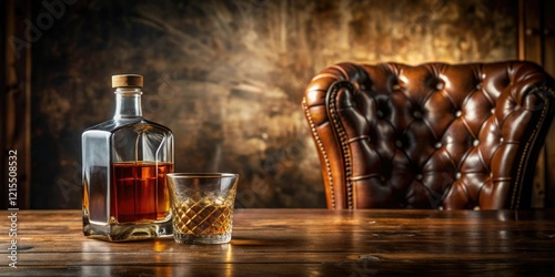 A whiskey bottle sitting on a wooden table next to a leather armchair, wooden table, whiskey bottle, bar, ambient lighting