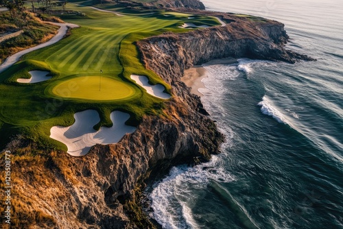 Stunning coastal golf course merges vibrant greens with crashing photo