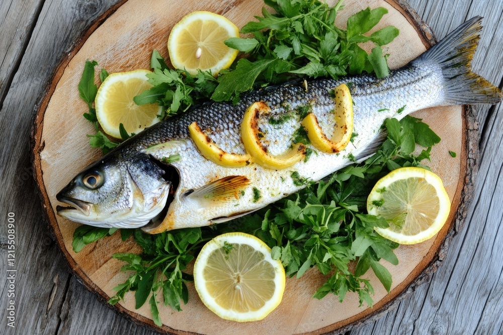 Fresh fish garnished with lemon slices and vibrant greens on woo Fresh fish garnished with lemon slices and vibrant greens on woo