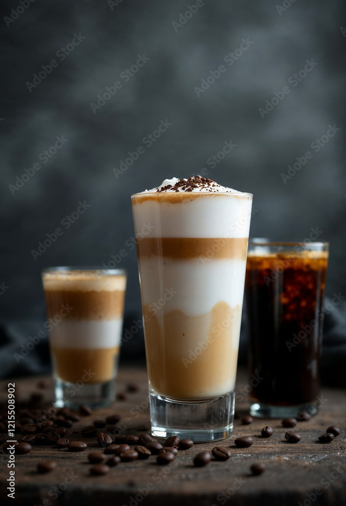 Three elegant coffee drinks arranged on a rustic wooden surface, ideal for promotion. Three elegant coffee drinks arranged on a rustic wooden surface, ideal for promotion.