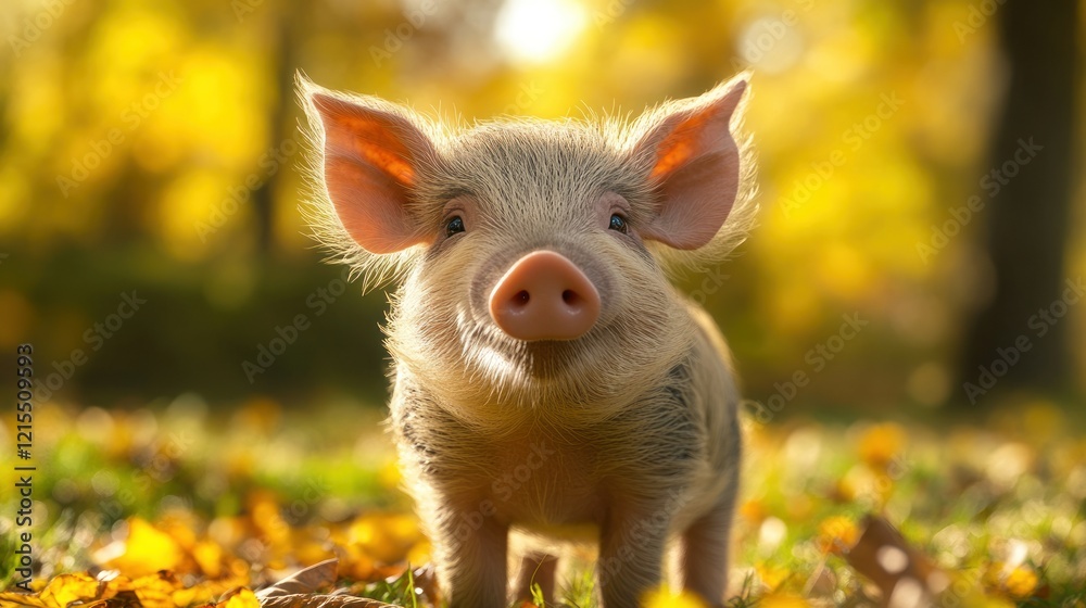 Fototapeta premium Cute piglet autumn forest portrait, fall leaves background, farm animal