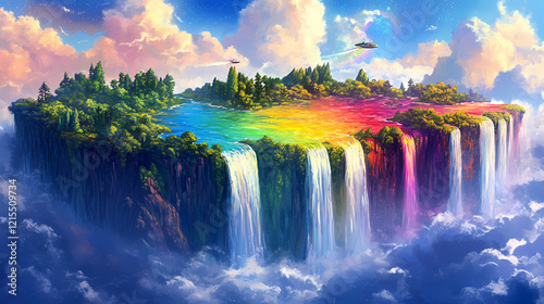 A dreamy universe with islands that float, waterfalls colored like rainbows, and landscapes that defy gravity, bathed in vibrant colors. dreamscape. illustration. Dreamscape Falls. Illustration