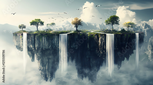 A fantastical dreamscape of floating islands, sky-high waterfalls, and surreal, unattainable vistas. Dreamscape Falls. Illustration