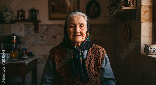Vintage Portrait of a Spanish Grandma in Her Mediterranean Home