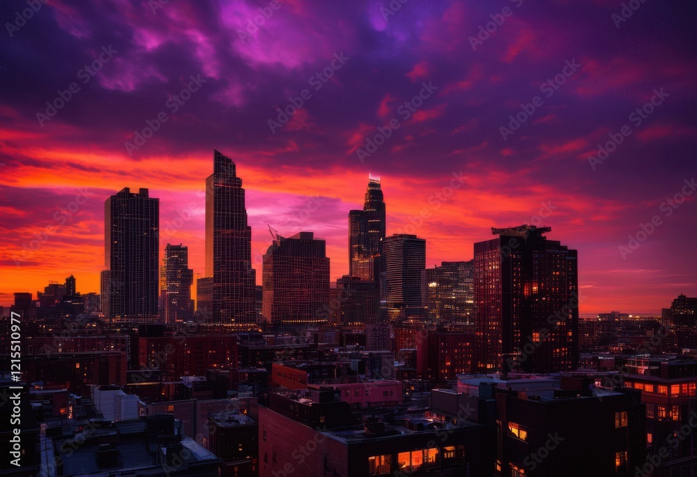 Fototapeta premium breathtaking skyline silhouette dusk glowing fiery visual feast urban design nighttime transformation, architecture, building, cityscape, sunset, light, shadow