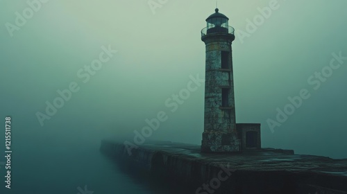 An eerie lighthouse stands solitary in the fog, projecting a haunting maritime atmosphere.
