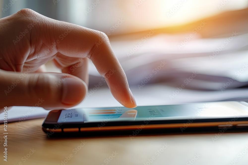 Finger gently tapping smartphone screen, showcasing modern techn Finger gently tapping smartphone screen, showcasing modern techn