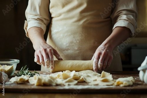 Hands skillfully roll dough on wooden surface, surrounded by fre photo